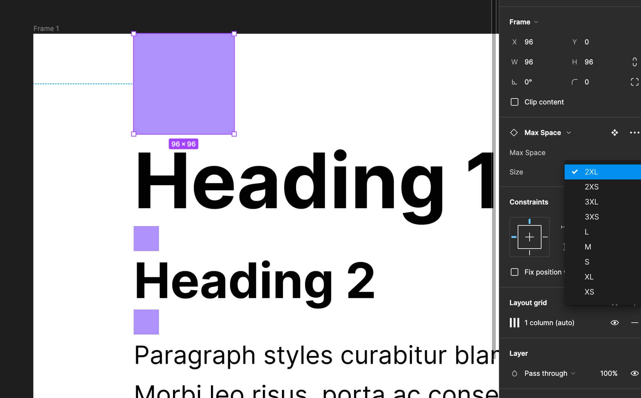 Space units within a design in Figma, with the variant menu open