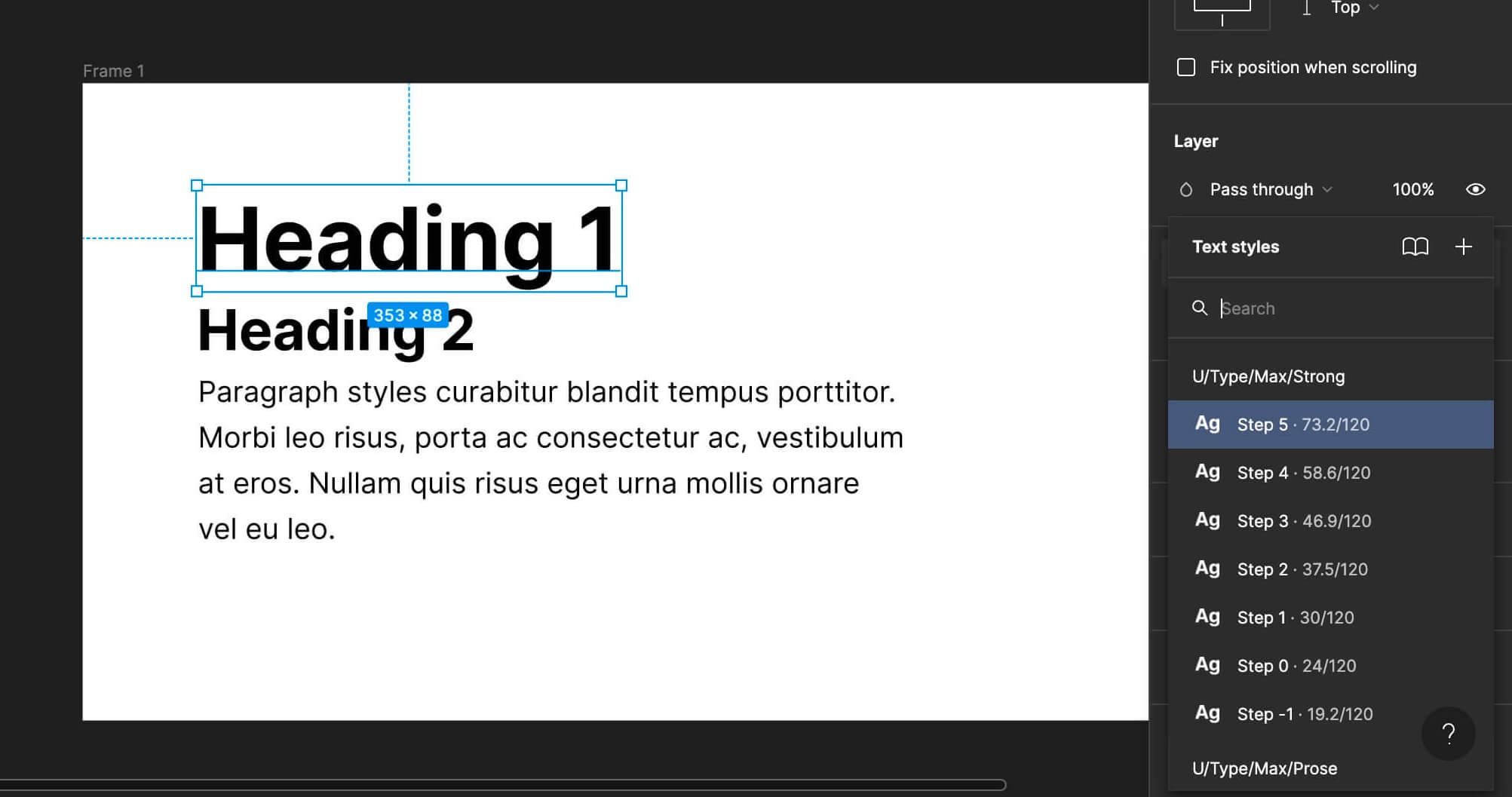 Choosing type styles from the Figma styles menu