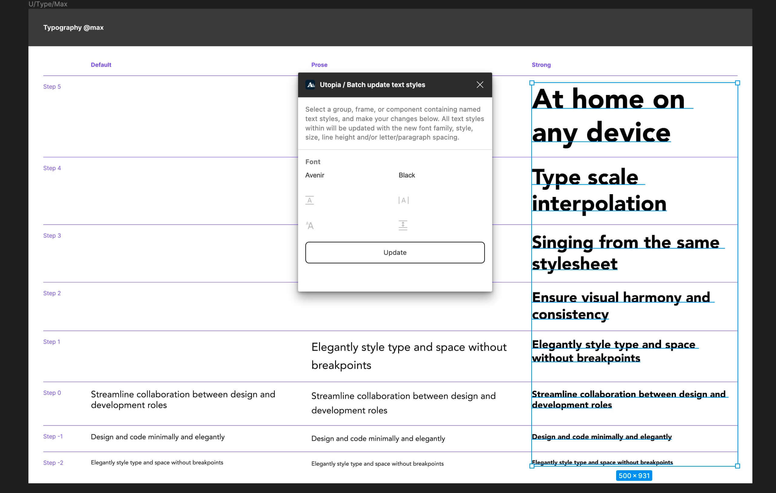 The 'Strong' column selected with 'Avenir Black' as the chosen font & style